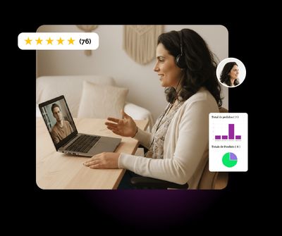 Terapeuta em sessão online na plataforma Guia da Alma, com avaliações e painel de acompanhamento